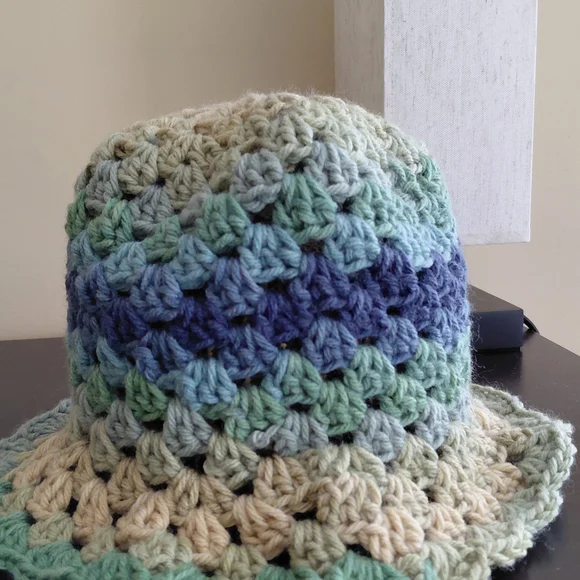 Handmade Crochet Bucket Hat in Blue, Green & Cream - Picture 4 of 4